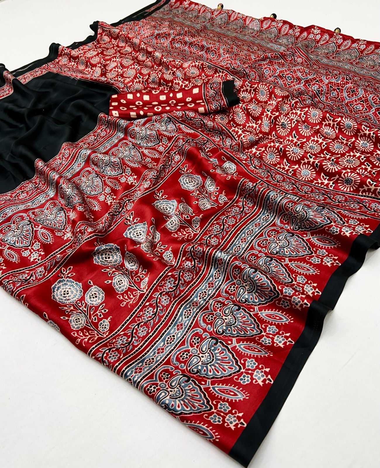 Black Pure Soft Modal Satin Ajrakh Print Satin Saree Japan Satin Saree Anant Tex Exports Pvt.Ltd..