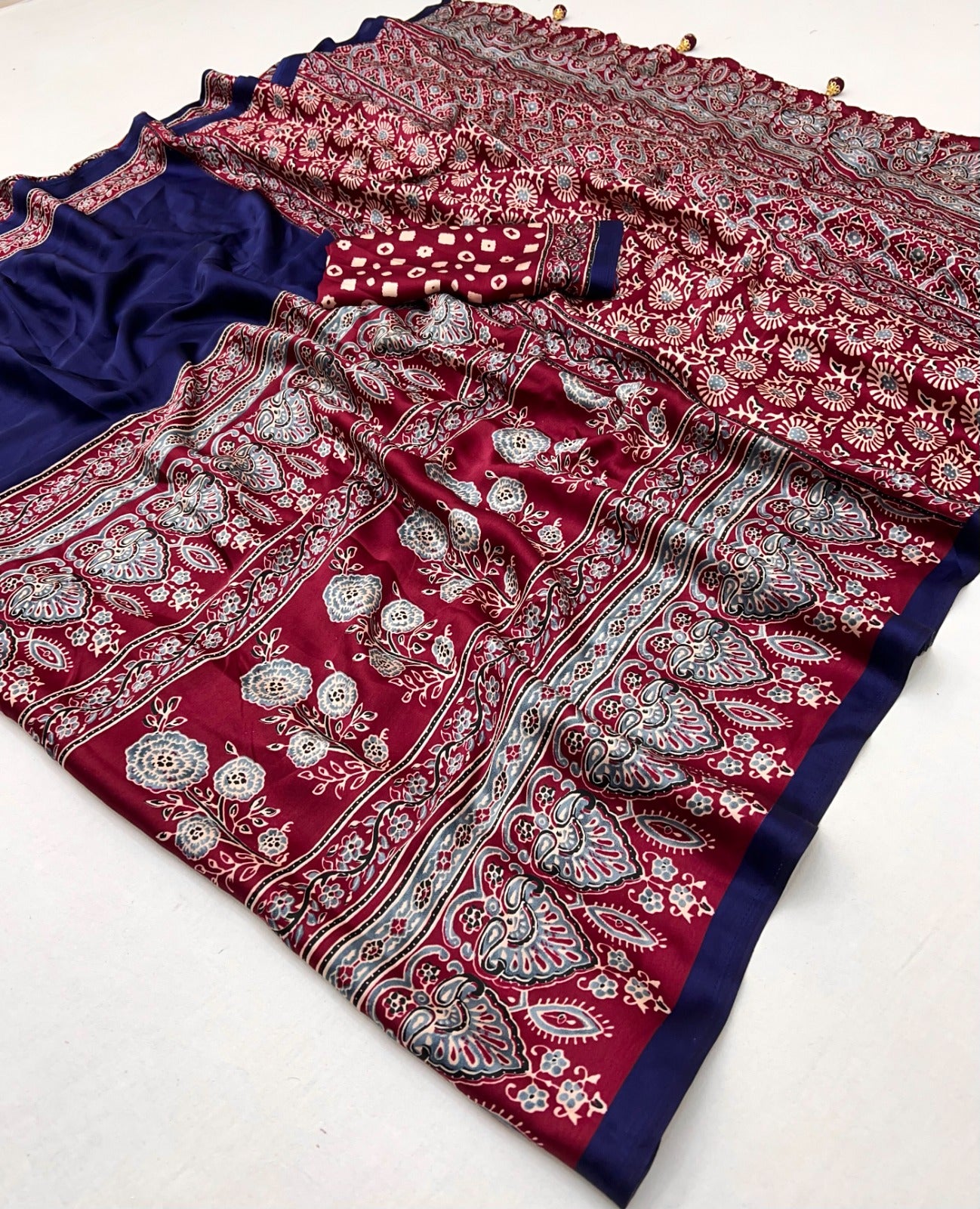 Navy Blue Pure Soft Modal Satin Ajrakh Print Satin Saree Japan Satin Saree Anant Tex Exports Pvt.Ltd..