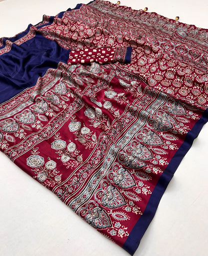 Navy Blue Pure Soft Modal Satin Ajrakh Print Satin Saree Japan Satin Saree Anant Tex Exports Pvt.Ltd..