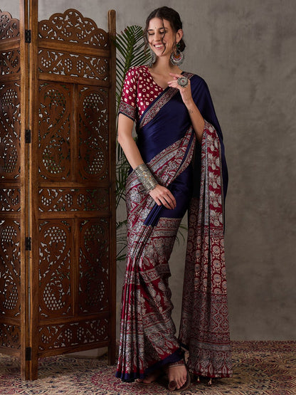 Navy Blue Pure Soft Modal Satin Ajrakh Print Satin Saree Japan Satin Saree Anant Tex Exports Pvt.Ltd..
