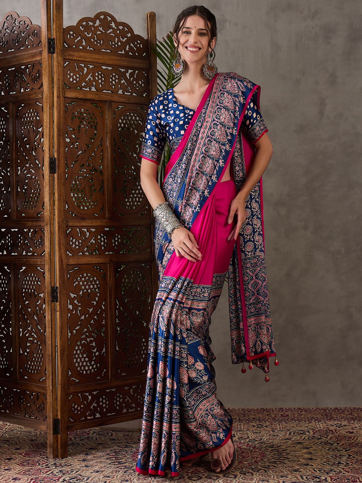 Magenta Pink Pure Soft Modal Satin Ajrakh Print Satin Saree Japan Satin Saree Anant Tex Exports Pvt.Ltd..