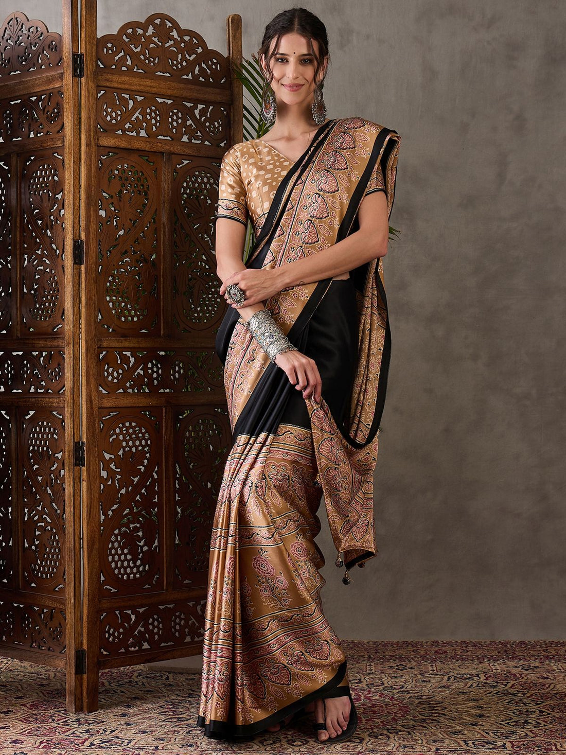 Ebony Black Pure Soft Modal Satin Ajrakh Print Satin Saree Japan Satin Saree Anant Tex Exports Pvt.Ltd..