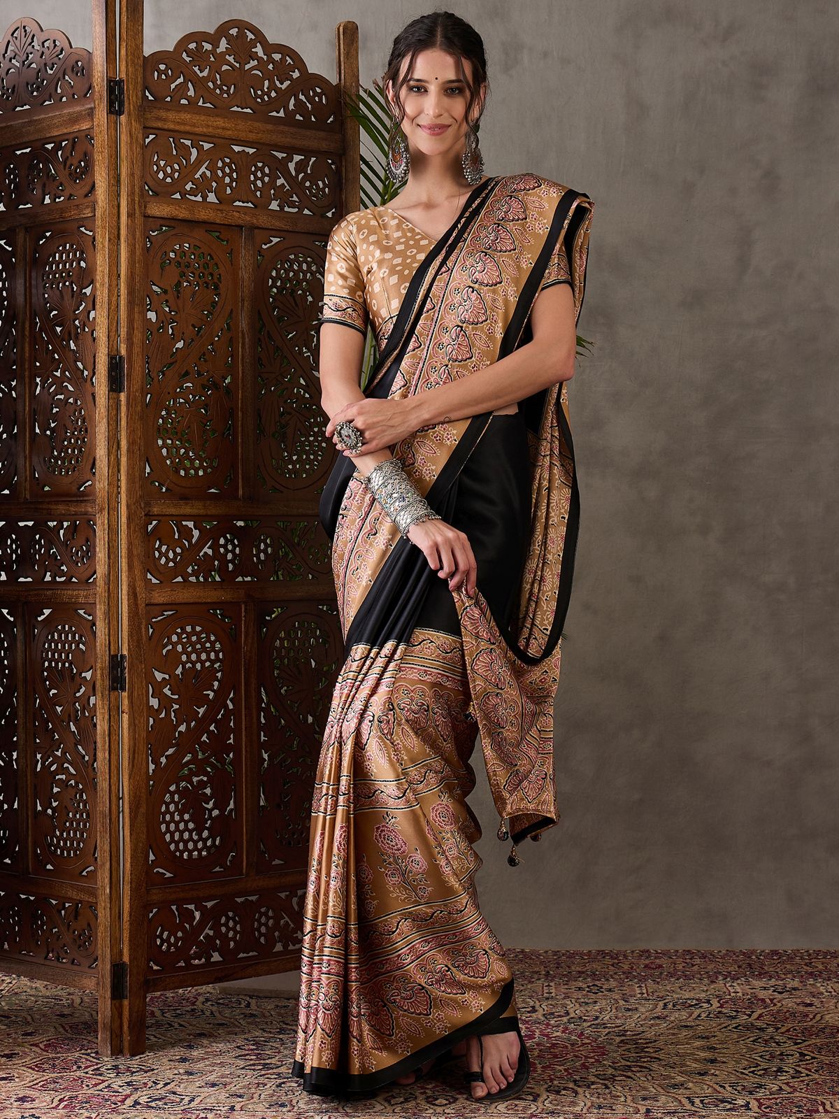 Ebony Black Pure Soft Modal Satin Ajrakh Print Satin Saree Japan Satin Saree Anant Tex Exports Pvt.Ltd..