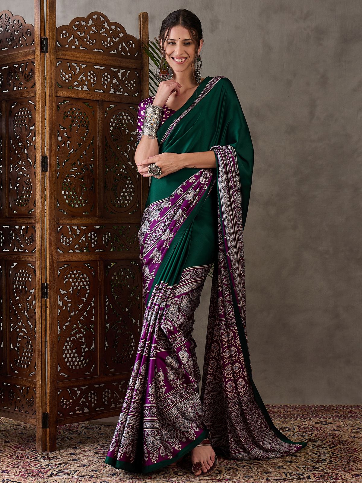 Bottle Green Pure Soft Modal Satin Ajrakh Print Satin Saree