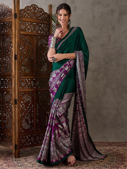Bottle Green Pure Soft Modal Satin Ajrakh Print Satin Saree Japan Satin Saree Anant Tex Exports Pvt.Ltd..