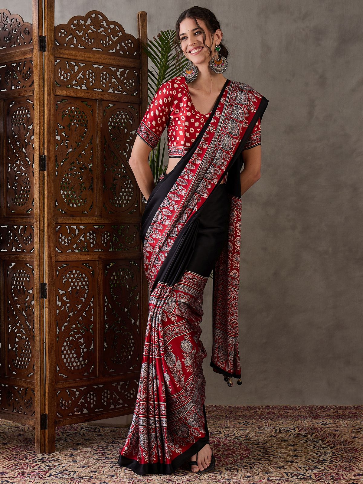 Black Pure Soft Modal Satin Ajrakh Print Satin Saree Japan Satin Saree Anant Tex Exports Pvt.Ltd..
