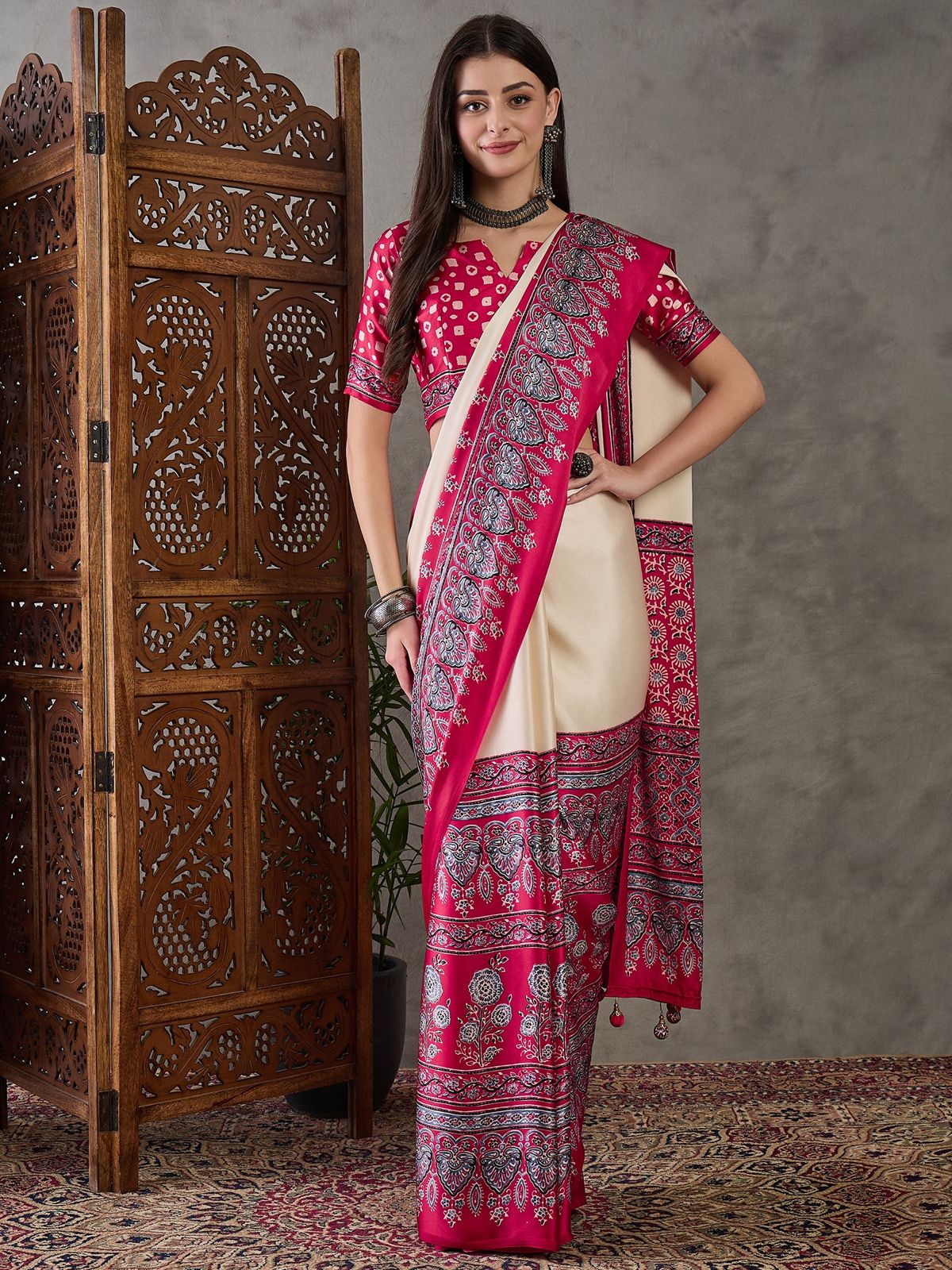 Cream and Red Pure Soft Modal Satin Ajrakh Print Satin Saree Japan Satin Saree Anant Tex Exports Pvt.Ltd..