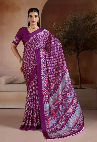 Purple Pure Soft Modal Satin Ajrakh Print Satin Saree Japan Satin Saree Anant Tex Exports Pvt.Ltd..