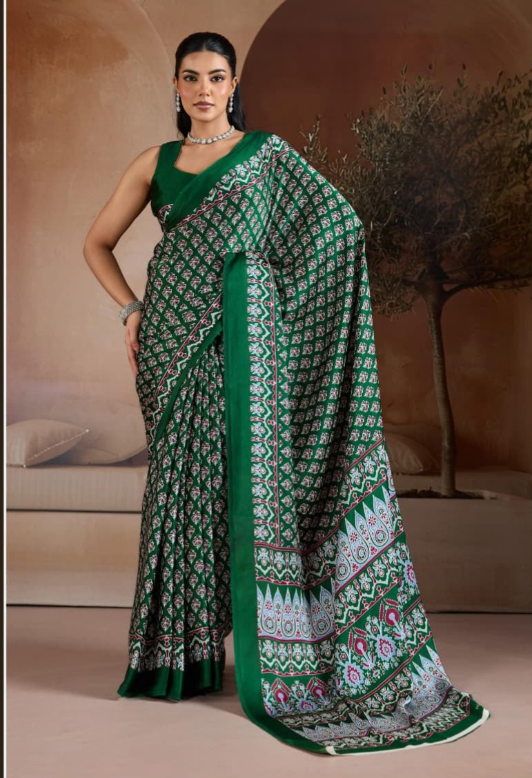 Green Pure Soft Modal Satin Ajrakh Print Satin Saree Japan Satin Saree Anant Tex Exports Pvt.Ltd..