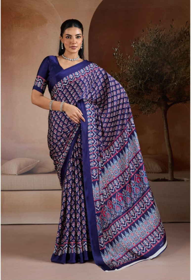 Blue Pure Soft Modal Satin Ajrakh Print Satin Saree Japan Satin Saree Anant Tex Exports Pvt.Ltd..