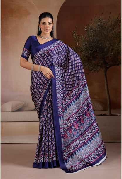 Blue Pure Soft Modal Satin Ajrakh Print Satin Saree Japan Satin Saree Anant Tex Exports Pvt.Ltd..