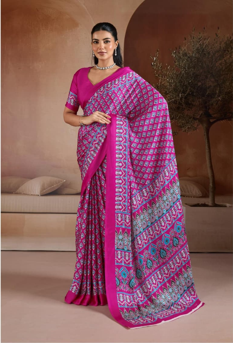 Pink Pure Soft Modal Satin Ajrakh Print Satin Saree Japan Satin Saree Anant Tex Exports Pvt.Ltd..