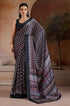 Black Pure Soft Modal Satin Ajrakh Print Satin Saree Japan Satin Saree Anant Tex Exports Pvt.Ltd..