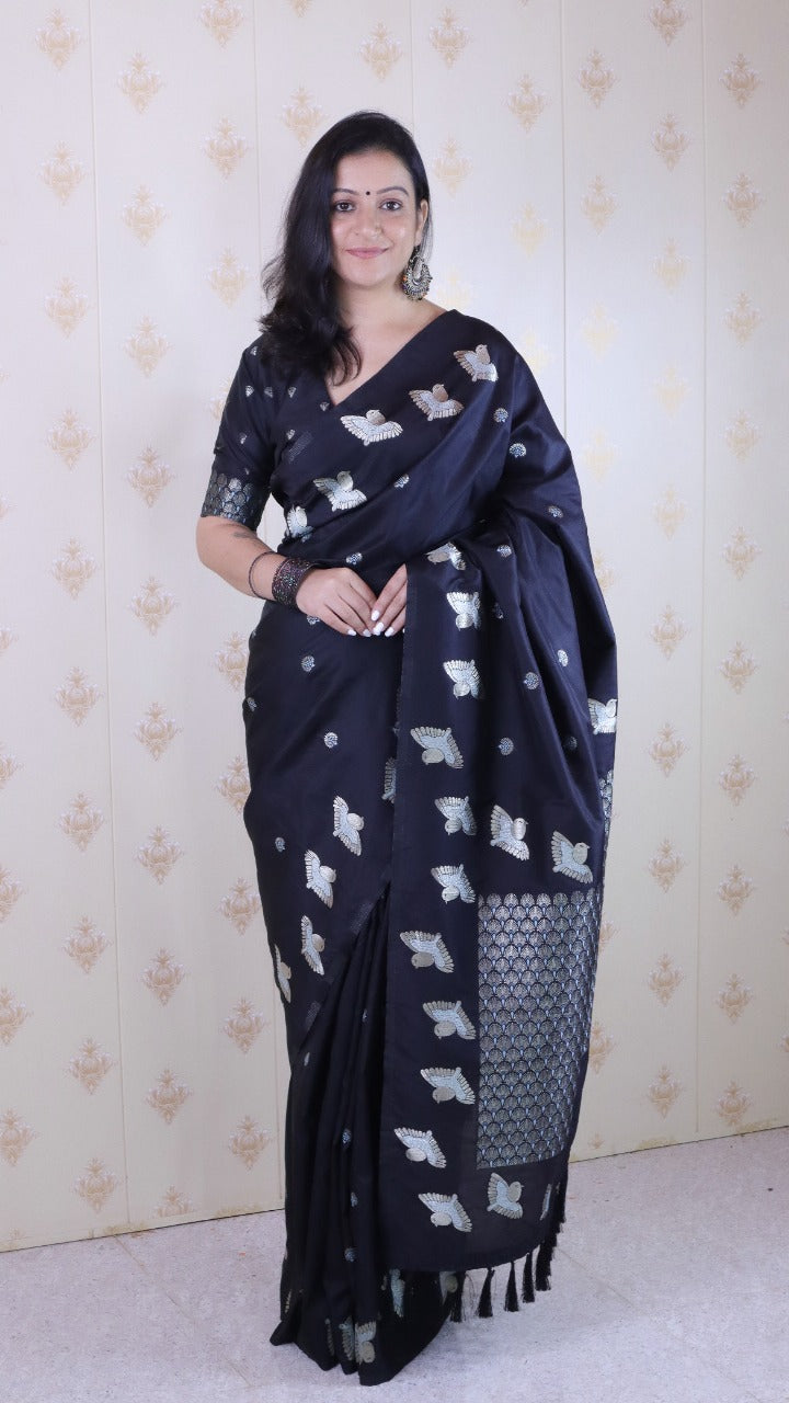 Black Soft Silk Dual Zari Woven Moonga Silk Saree