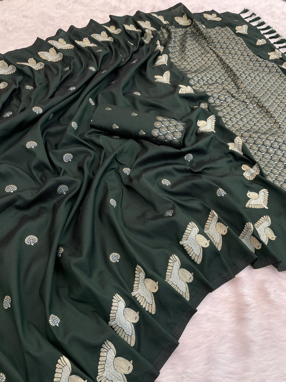 Bottle Green Soft Silk Dual Zari Woven Moonga Silk Saree Moonga Silk sarees Anant Tex Exports Pvt.Ltd..