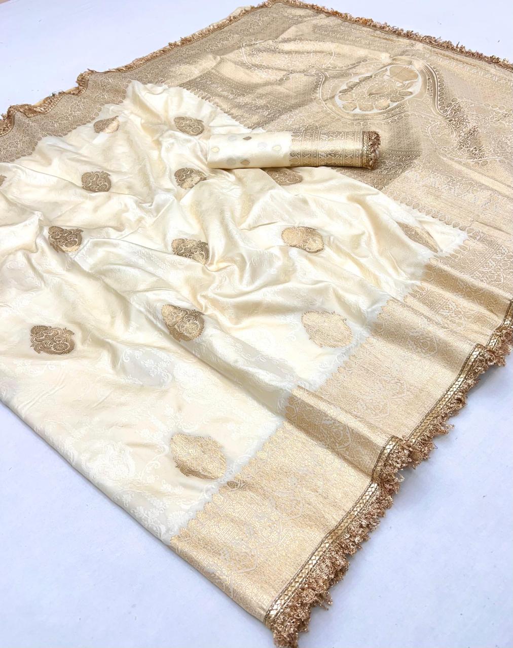Floral White Woven Banarasi Satin Silk Saree Japan Satin Saree Anant Tex Exports Pvt.Ltd..
