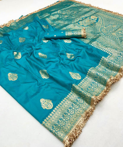 Cyan Bue Woven Banarasi Satin Silk Saree Japan Satin Saree Anant Tex Exports Pvt.Ltd..