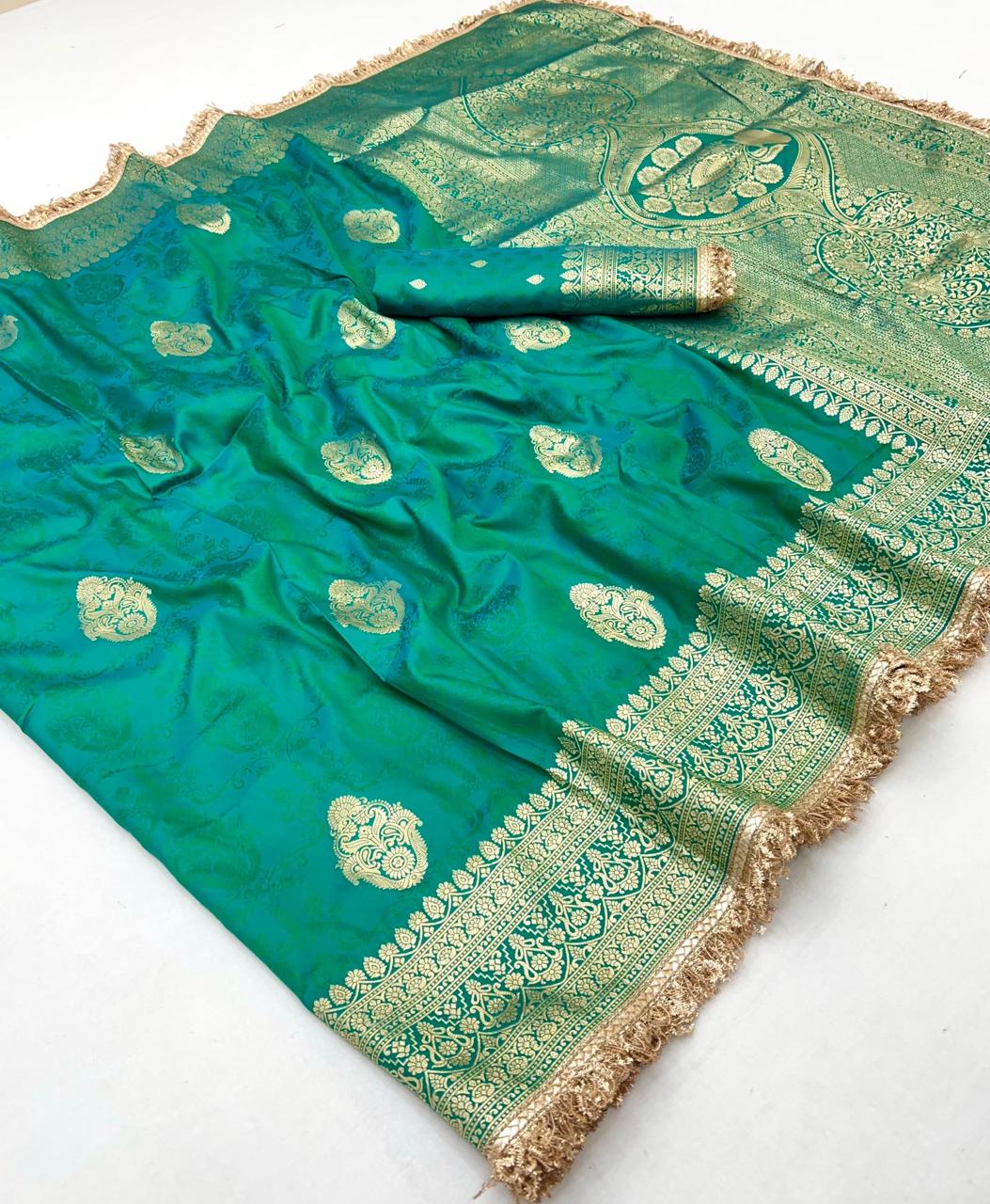 Hunter Green Woven Banarasi Satin Silk Saree