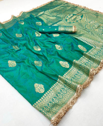 Hunter Green Woven Banarasi Satin Silk Saree Japan Satin Saree Anant Tex Exports Pvt.Ltd..