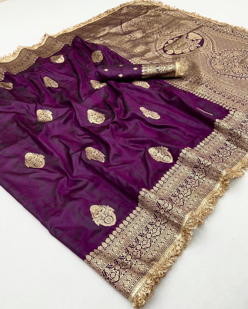 Wine Woven Banarasi Satin Silk Saree Japan Satin Saree Anant Tex Exports Pvt.Ltd..