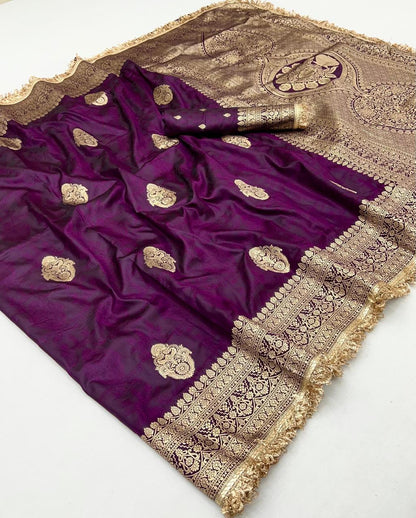 Wine Woven Banarasi Satin Silk Saree Japan Satin Saree Anant Tex Exports Pvt.Ltd..