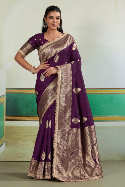 Wine Woven Banarasi Satin Silk Saree Japan Satin Saree Anant Tex Exports Pvt.Ltd..