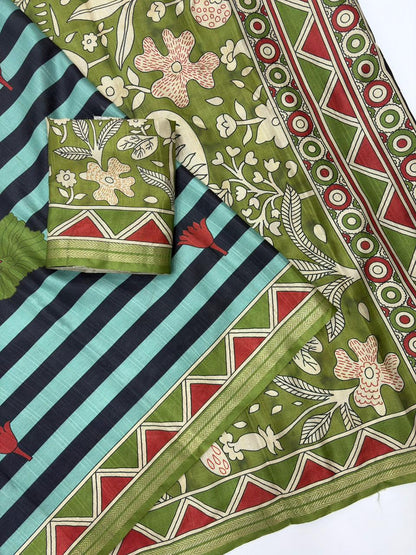 Aqua Blue Soft Tussar Silk Striped Traditional Printed Zari Tussar Saree Tussar Saree Anant Tex Exports Pvt.Ltd..