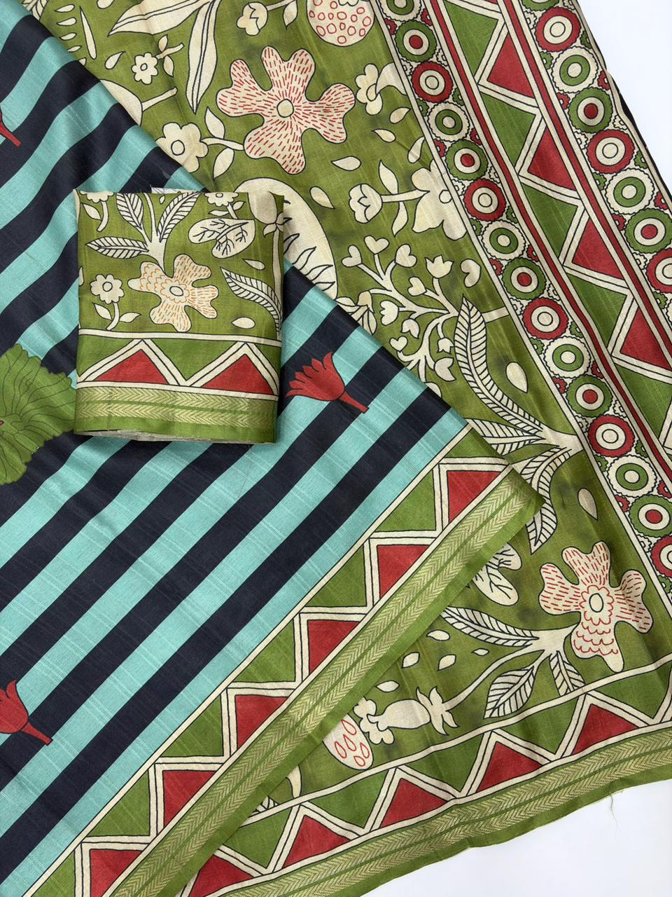 Aqua Blue Soft Tussar Silk Striped Traditional Printed Zari Tussar Saree Tussar Saree Anant Tex Exports Pvt.Ltd..