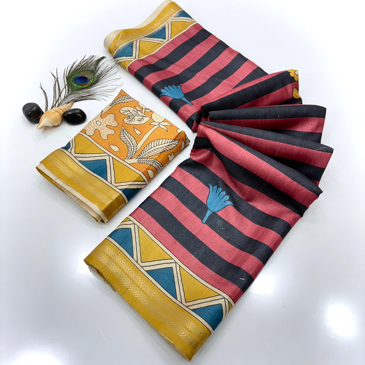 Red Soft Tussar Silk Striped Traditional Printed Zari Tussar Saree Tussar Saree Anant Tex Exports Pvt.Ltd..