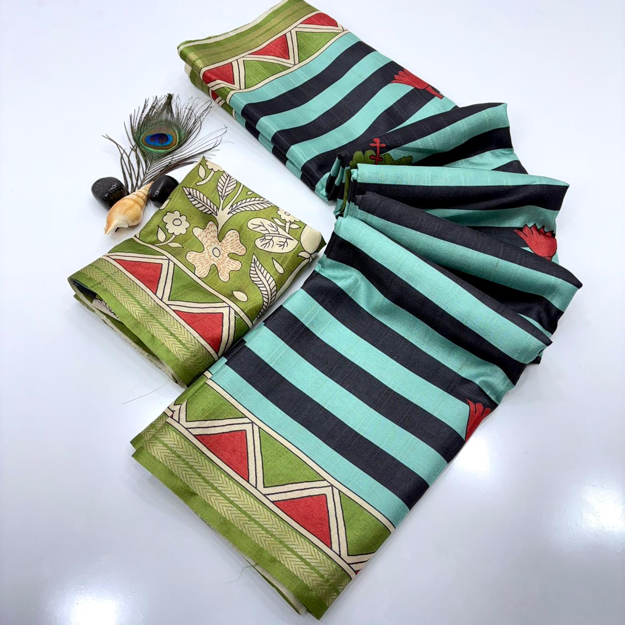 Aqua Blue Soft Tussar Silk Striped Traditional Printed Zari Tussar Saree Tussar Saree Anant Tex Exports Pvt.Ltd..