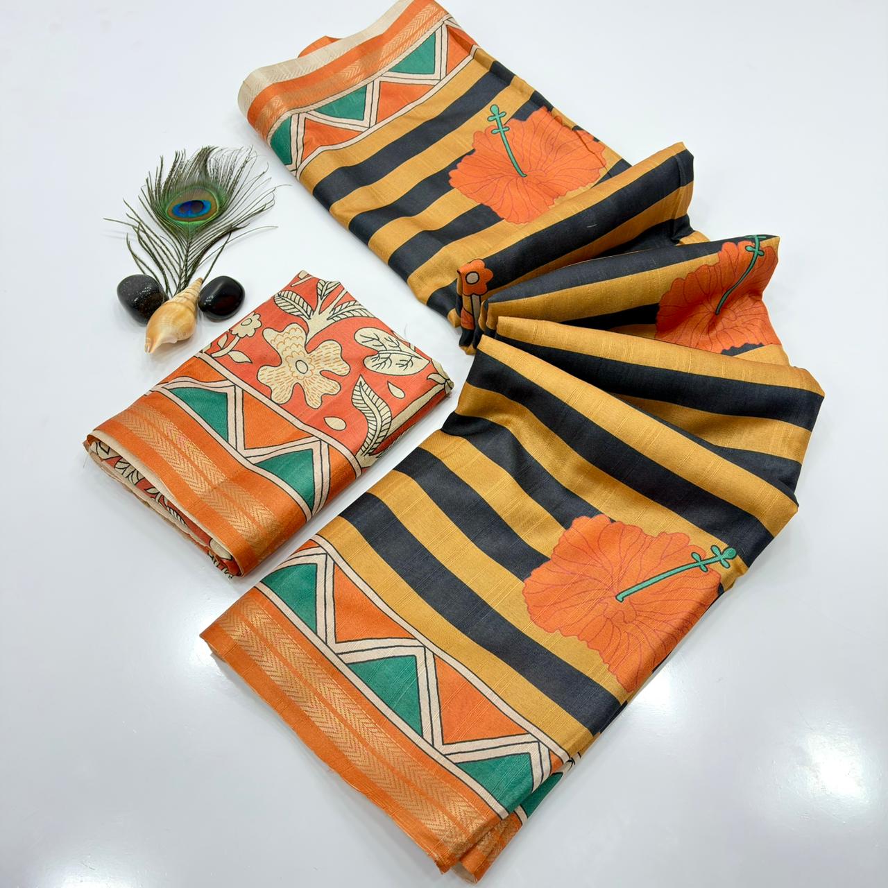 Orange Soft Tussar Silk Striped Traditional Printed Zari Tussar Saree Tussar Saree Anant Tex Exports Pvt.Ltd..