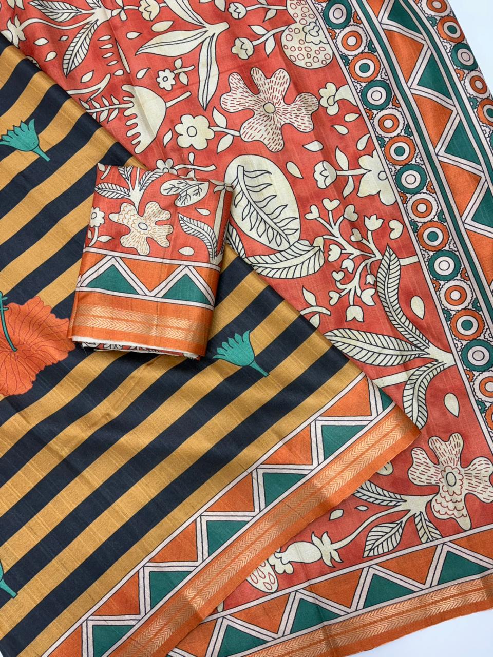 Orange Soft Tussar Silk Striped Traditional Printed Zari Tussar Saree Tussar Saree Anant Tex Exports Pvt.Ltd..