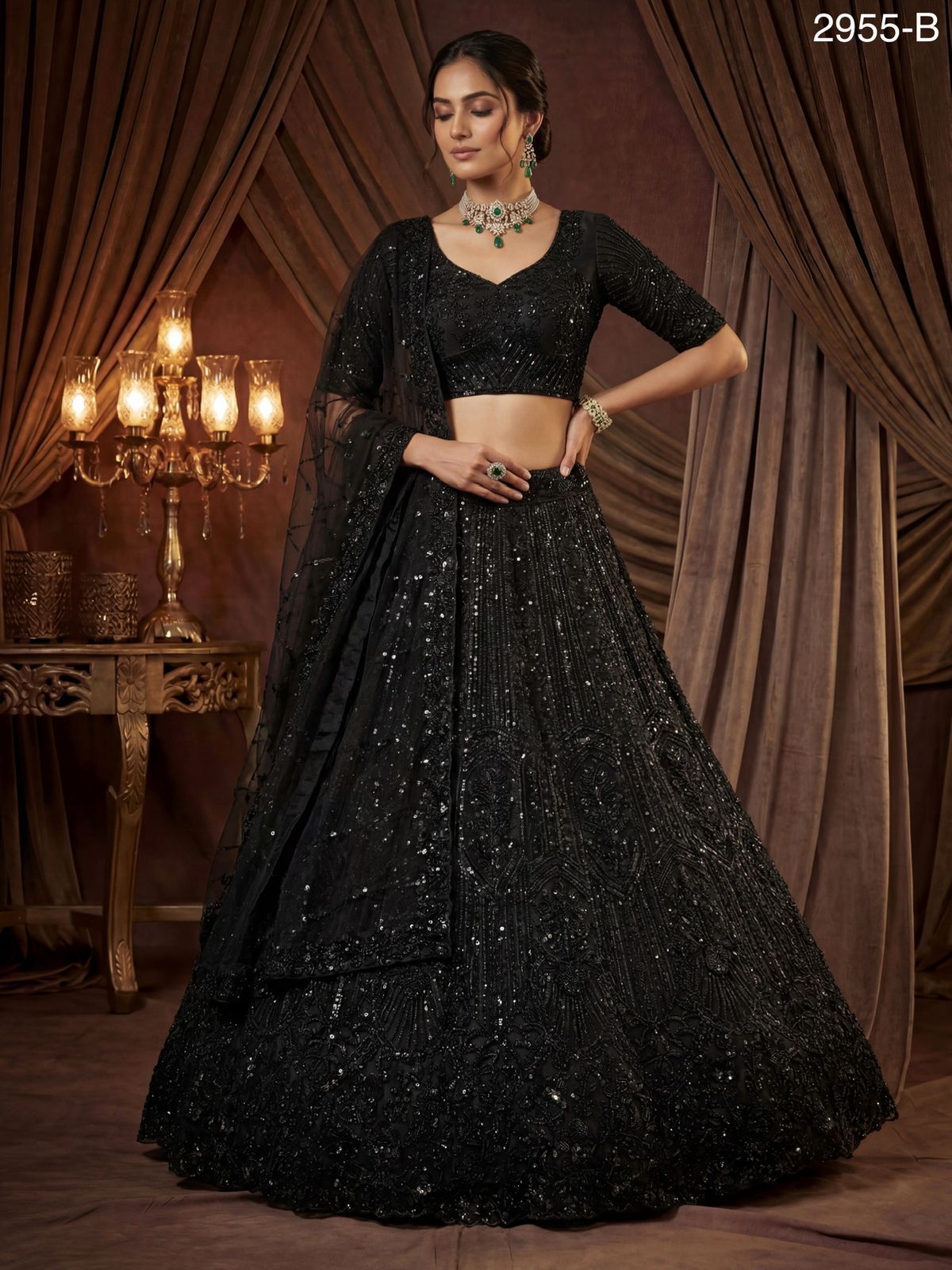 Black Pure Soft Net Heavy Embroidery Work Bridal Lehenga
