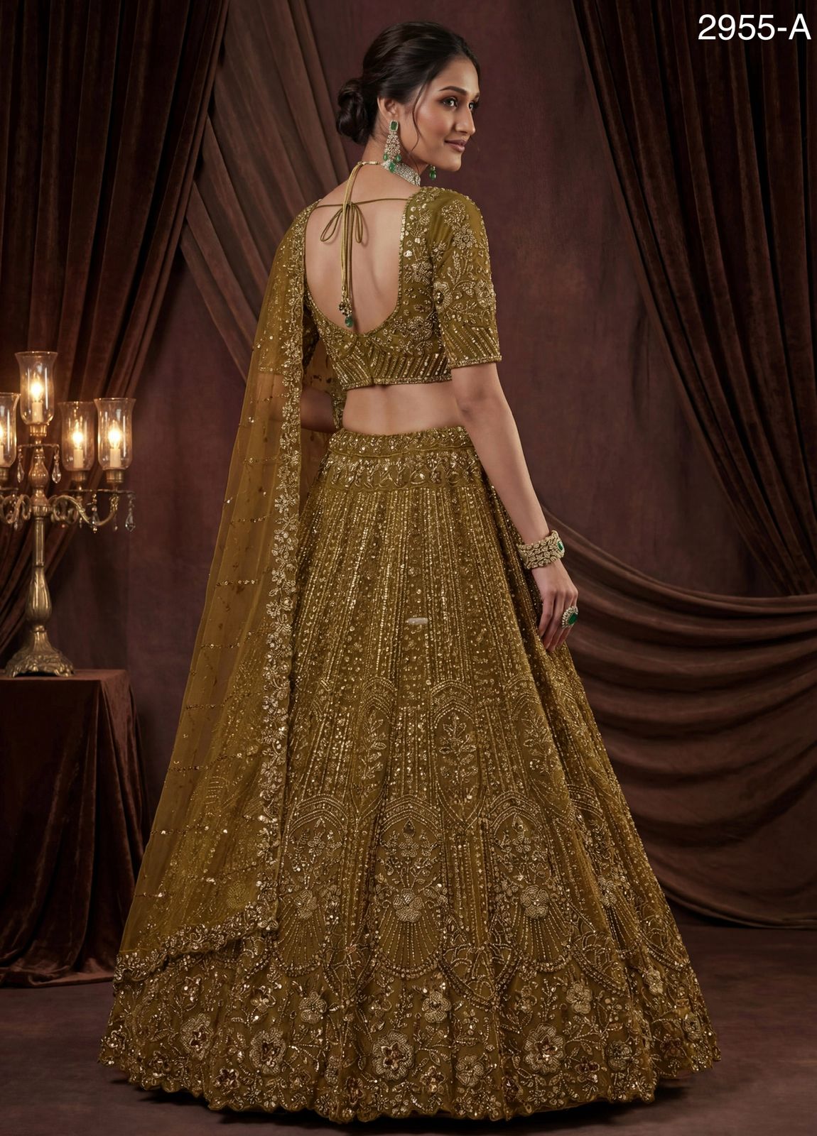 Golden Pure Soft Net Heavy Embroidery Work Bridal Lehenga