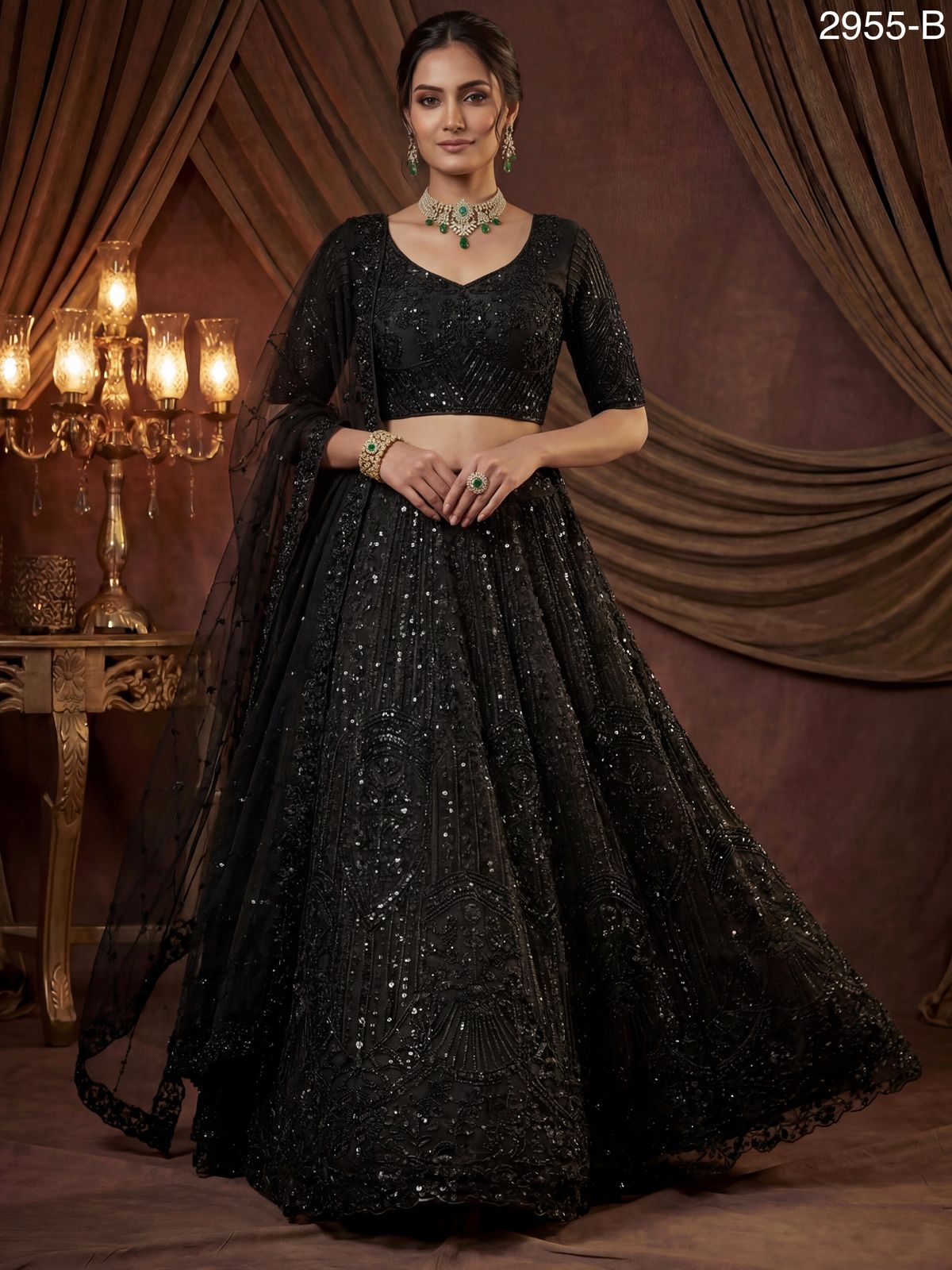 Black Pure Soft Net Heavy Embroidery Work Bridal Lehenga