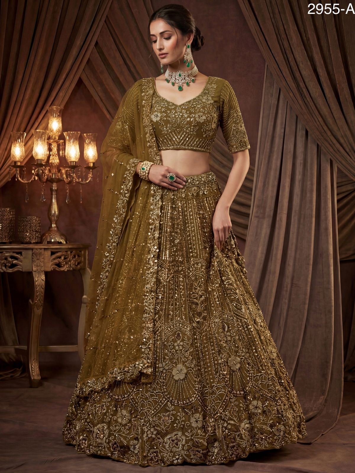 Golden Pure Soft Net Heavy Embroidery Work Bridal Lehenga