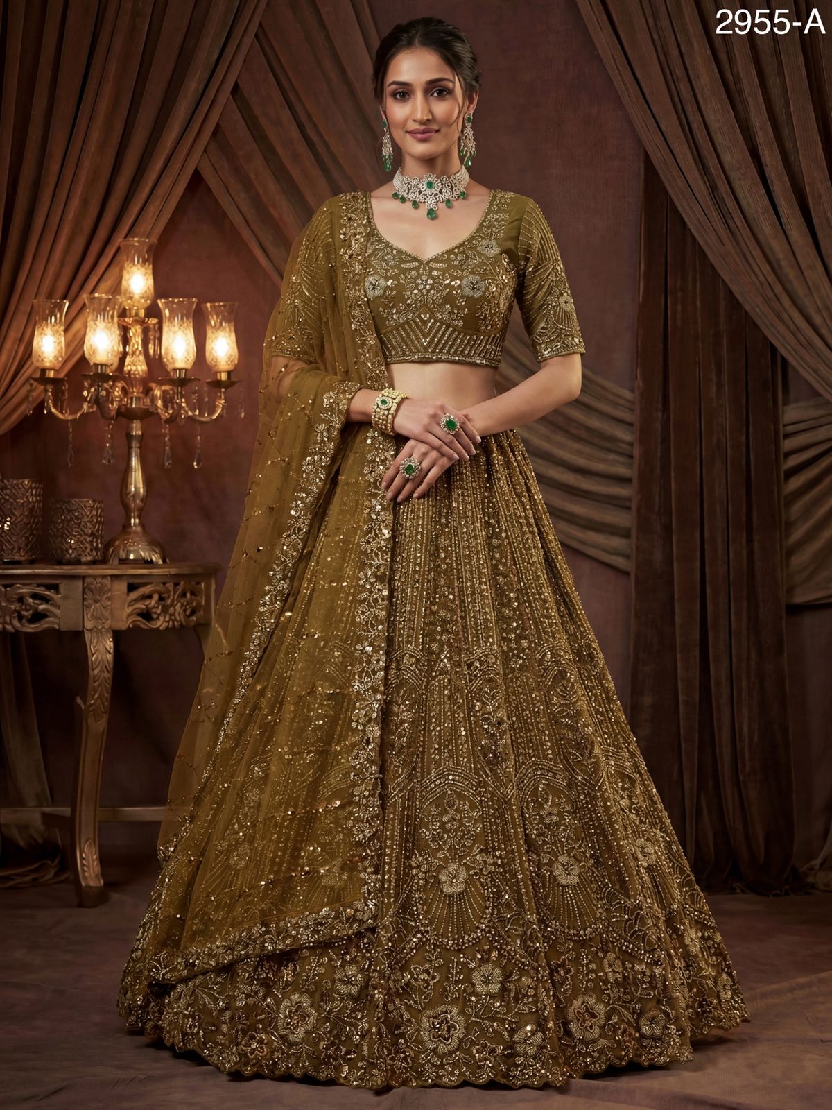 Golden Pure Soft Net Heavy Embroidery Work Bridal Lehenga