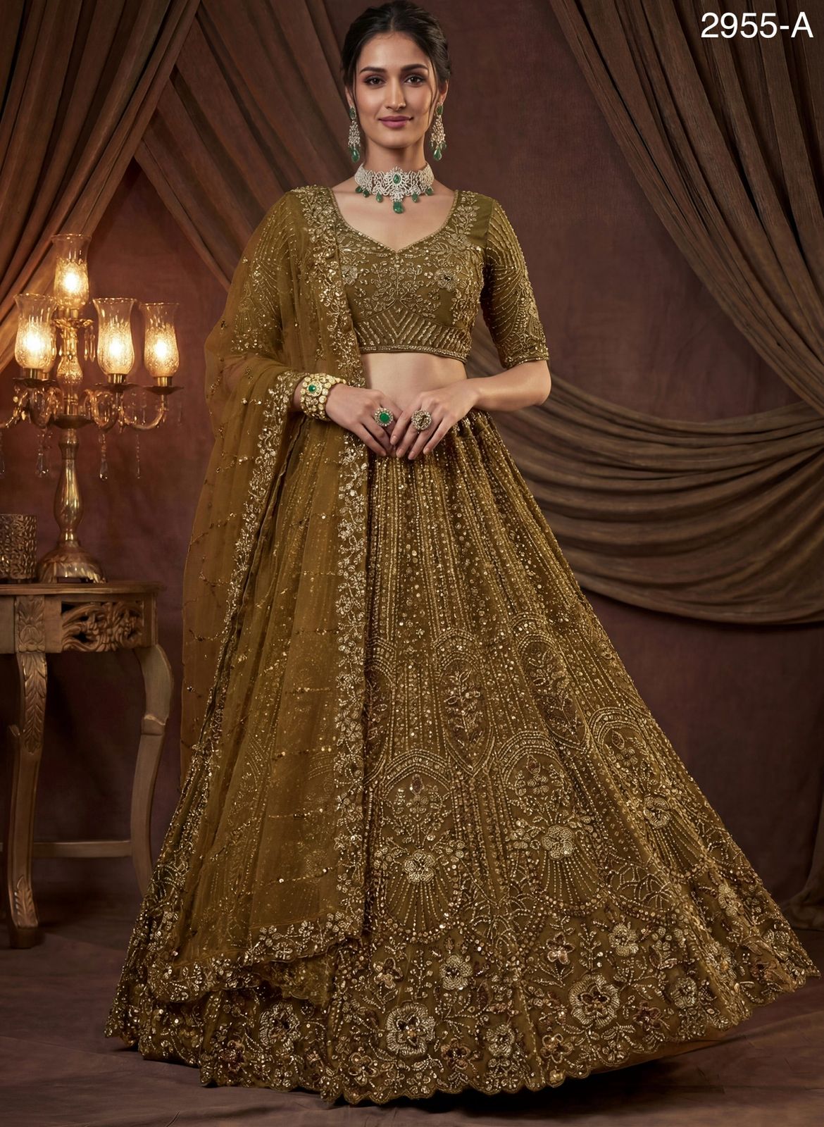 Golden Pure Soft Net Heavy Embroidery Work Bridal Lehenga