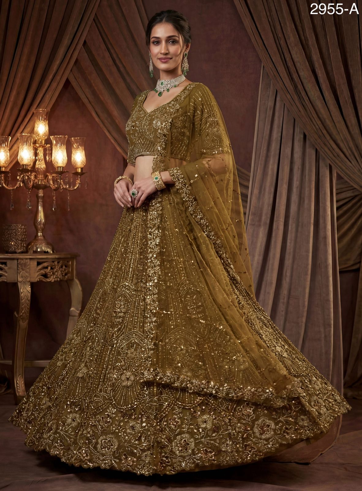 Golden Pure Soft Net Heavy Embroidery Work Bridal Lehenga