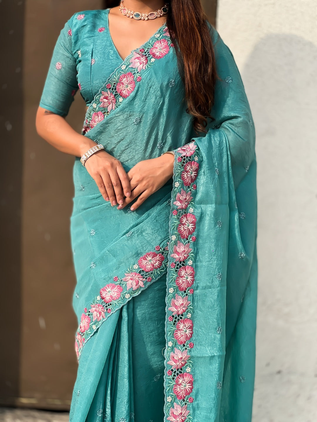 Sea Green Pure Soft Sufi Crush Silk Saree