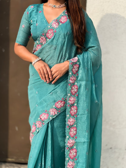 Sea Green Pure Soft Sufi Crush Silk Saree