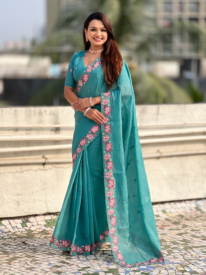 Sea Green Pure Soft Sufi Crush Silk Saree