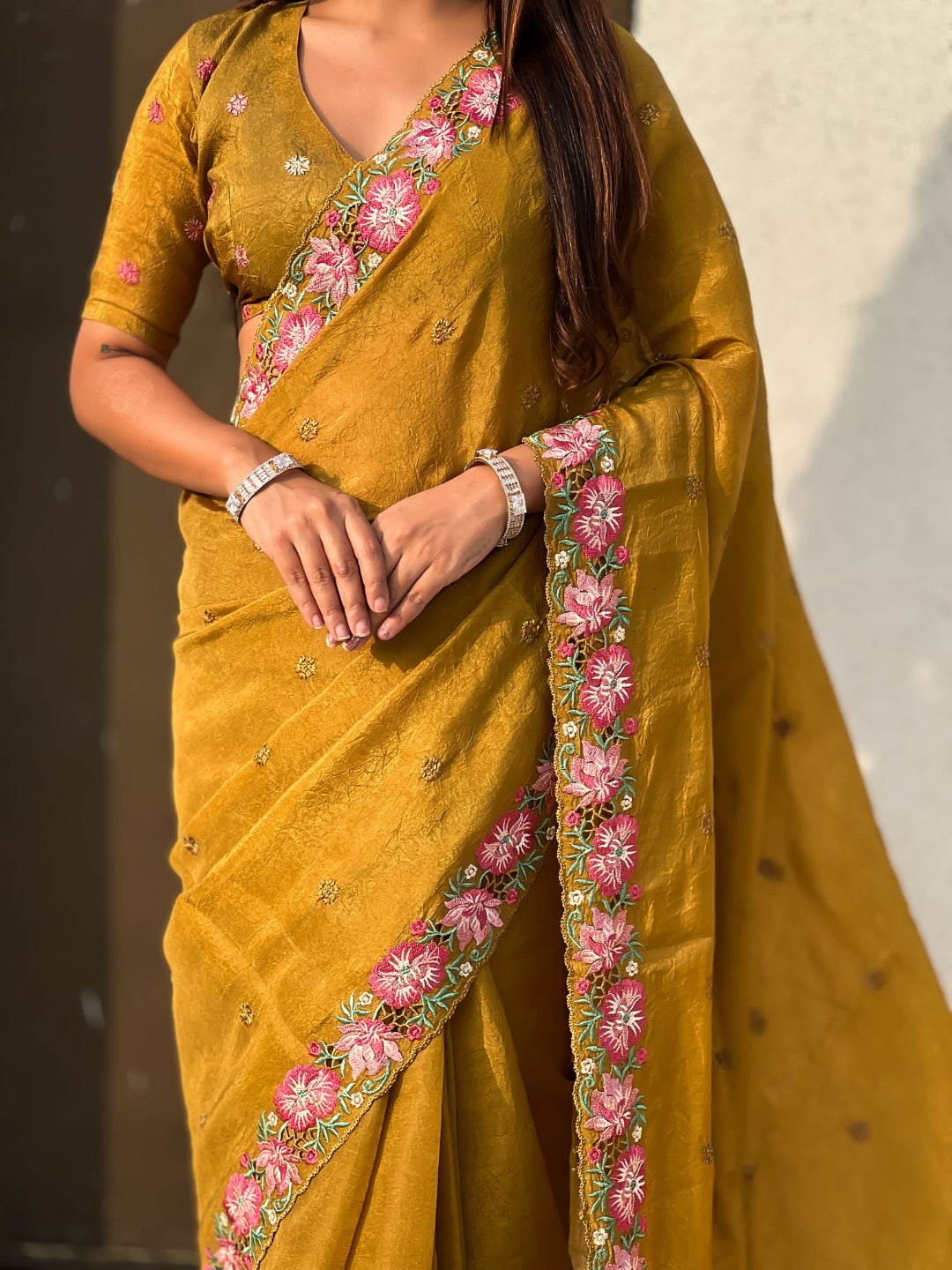 Mustard Pure Soft Sufi Crush Silk Saree