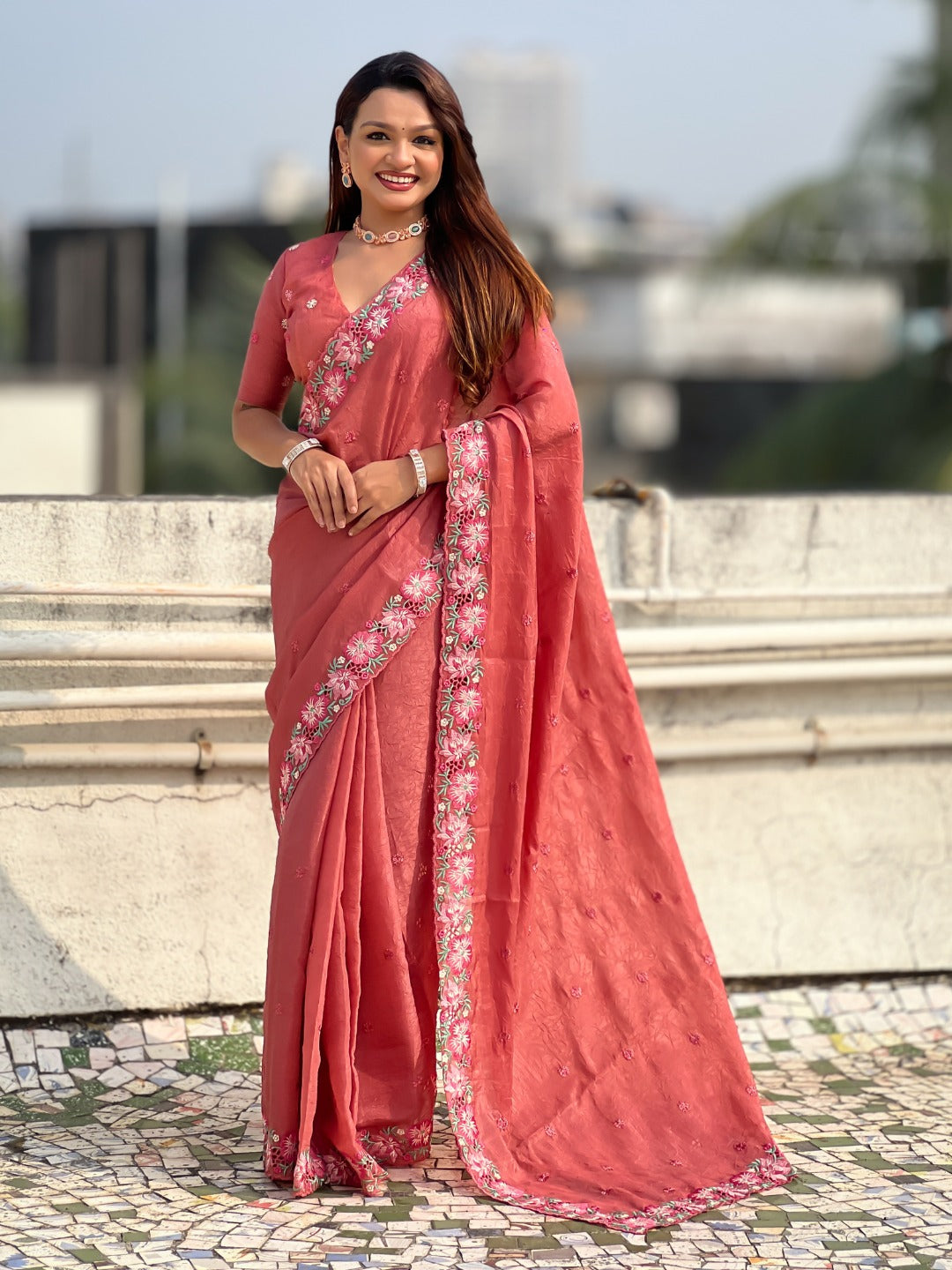 Peach Pure Soft Sufi Crush Silk Saree