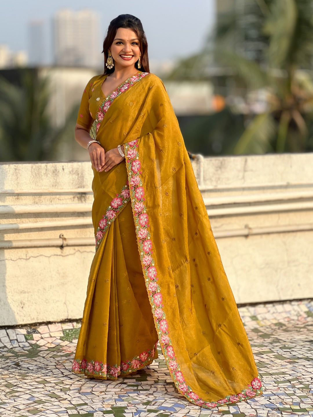 Mustard Pure Soft Sufi Crush Silk Saree