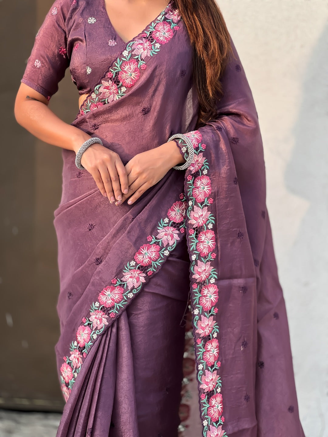 Wine Pure Soft Sufi Crush Silk Saree