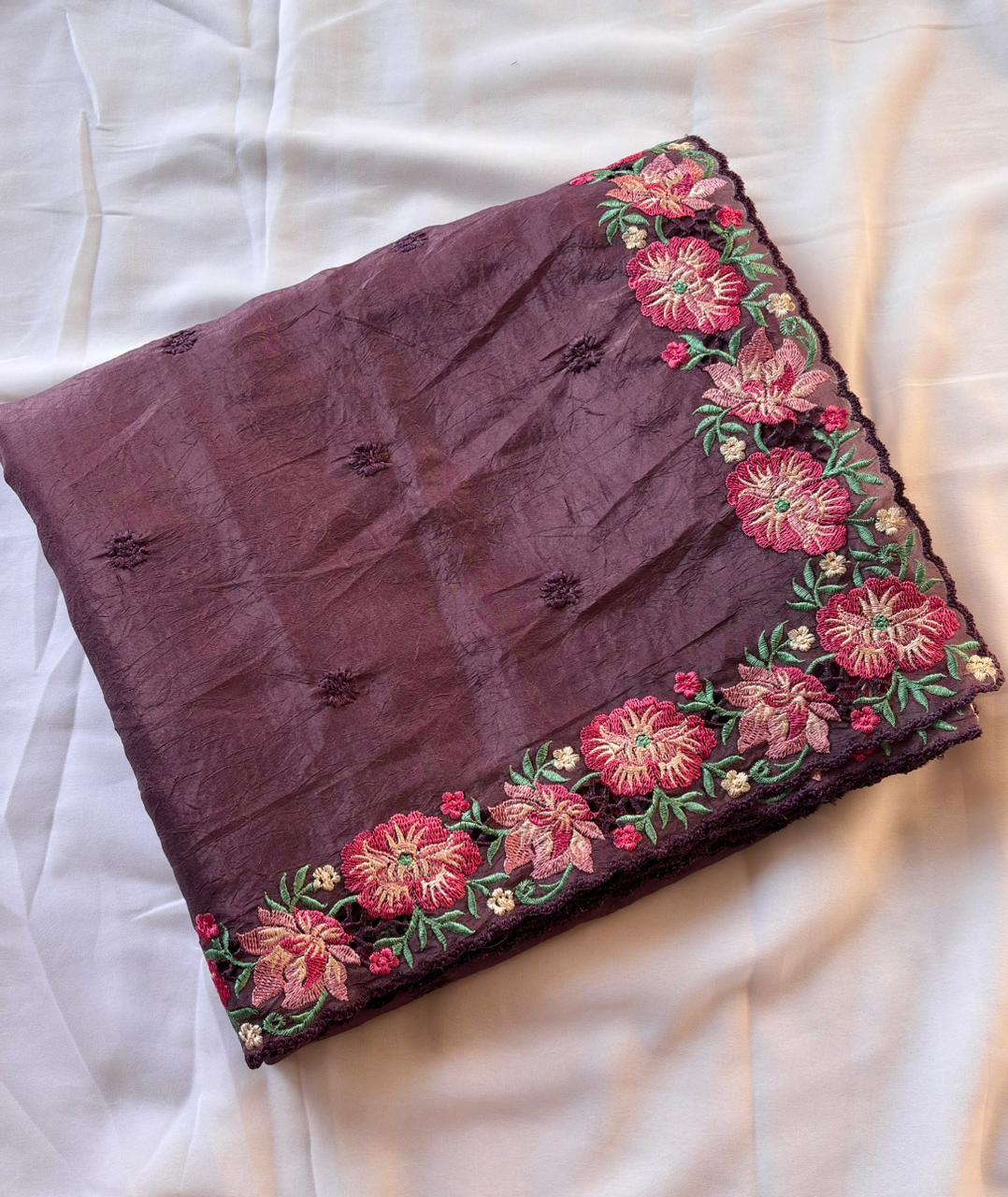 Wine Pure Soft Sufi Crush Silk Saree