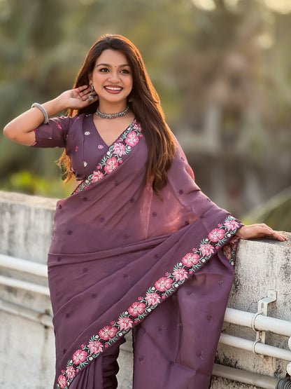 Wine Pure Soft Sufi Crush Silk Saree