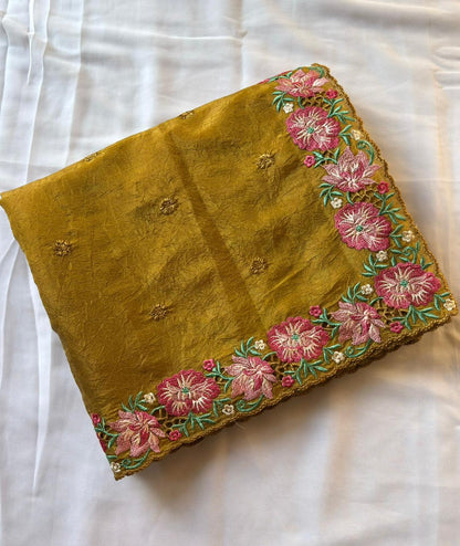 Mustard Pure Soft Sufi Crush Silk Saree