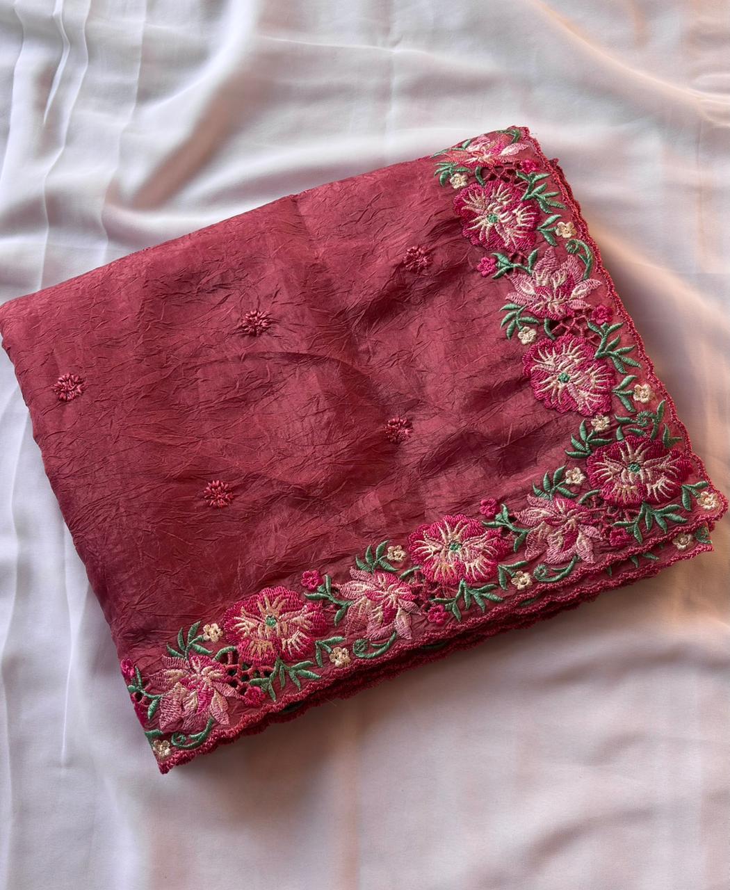 Peach Pure Soft Sufi Crush Silk Saree